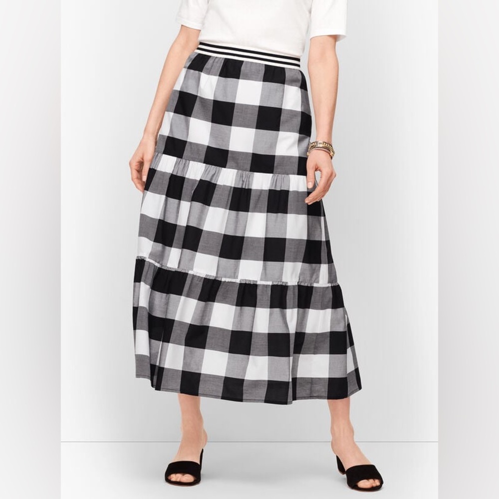 Talbots black/white buffalo print tiered midi skirt m